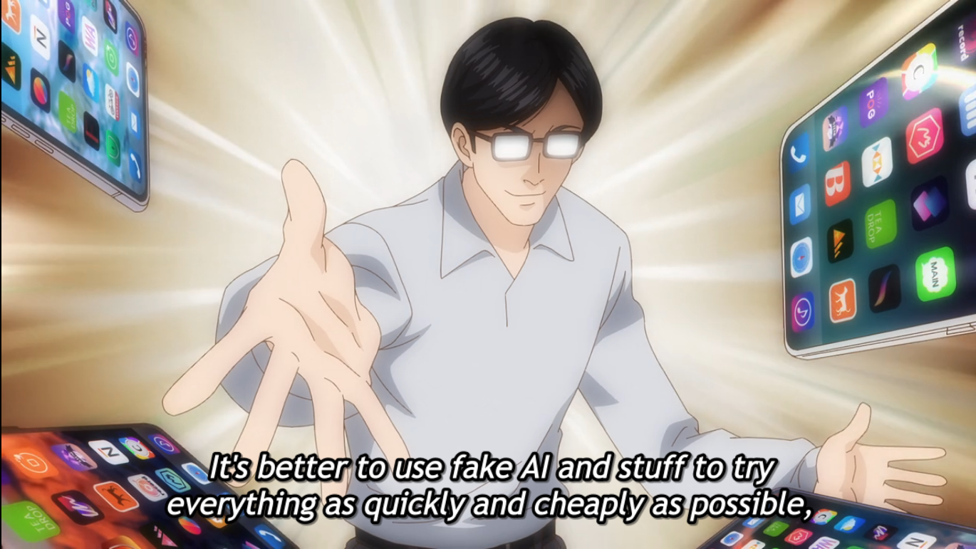 A guy posing dynamically between cell phone apps. "It's better to use fake AI and stuff to try everything as quickly and easily as possible."