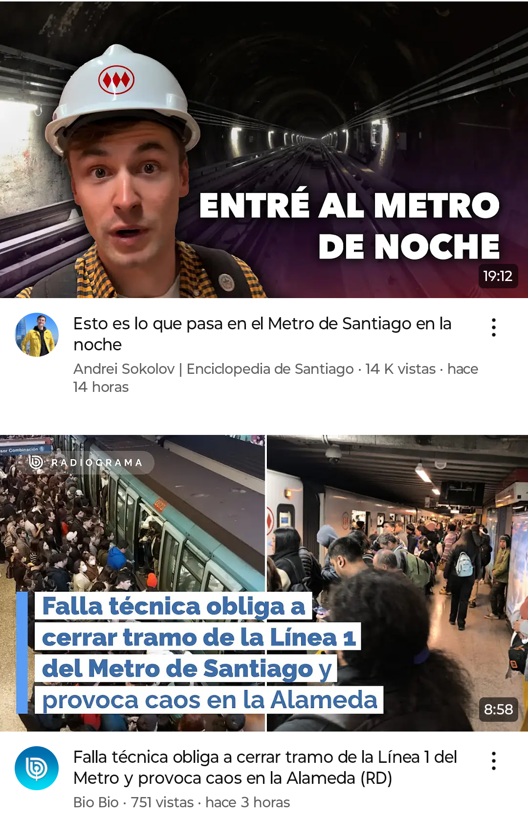 vídeo de sokolov: "entre al metro de noche" seguido, en la feed por vídeo de RBB: "metro con fallas técnicas L1".
