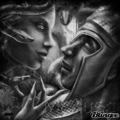 Pencil drawing of Medusa, lifting the chin of a helmeted man with closed eyes, so that they soon would be face to face. 