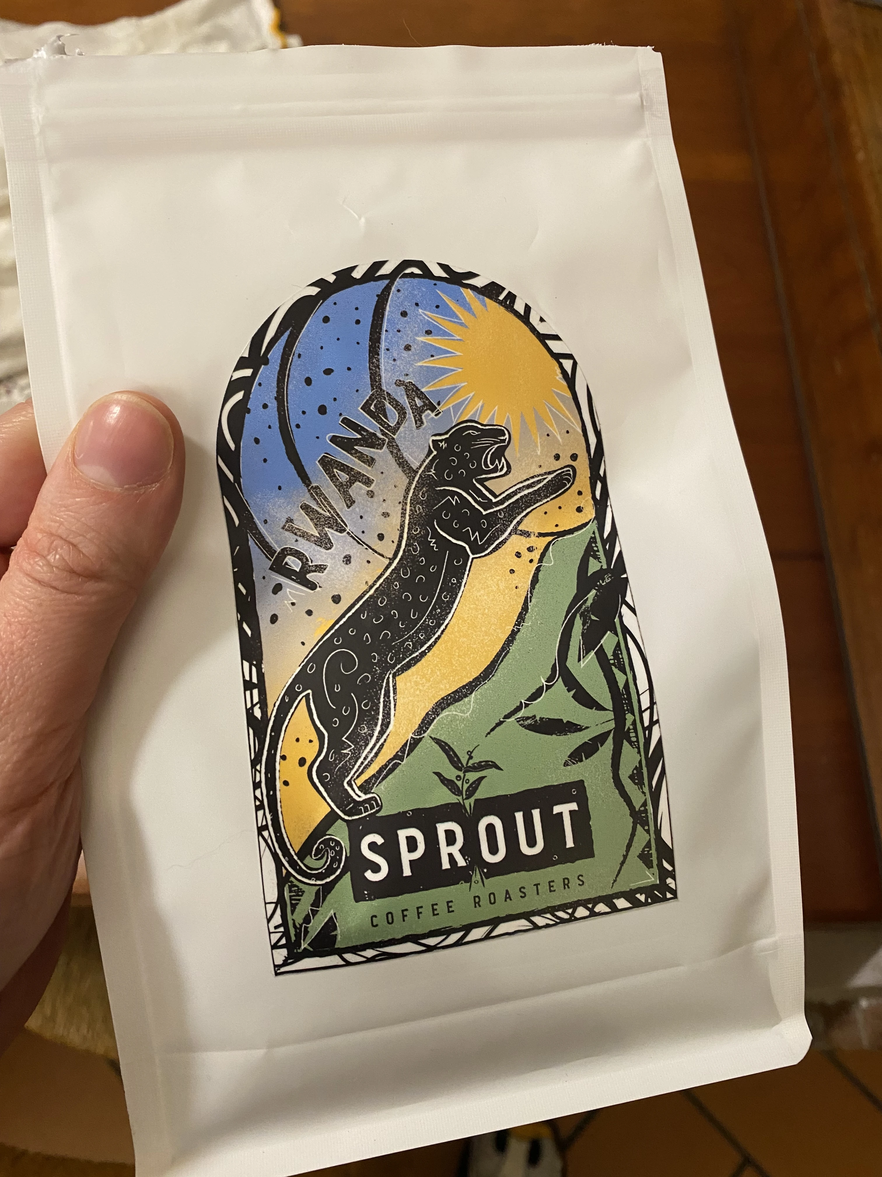 A bag of coffee from Rwanda by sprout roasters, 