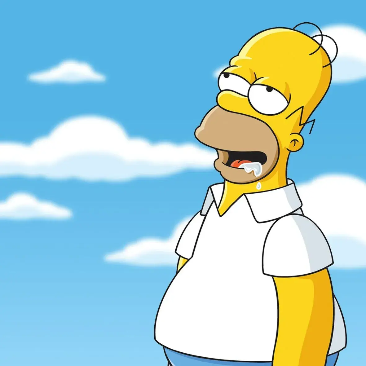Homer Simpson staring at the sky with an absent expression on his face. He's thinking about food while drooling from his opened mouth