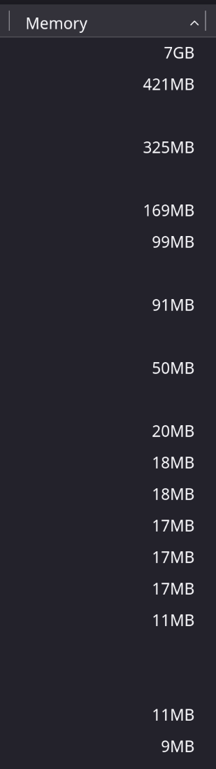 a screenshot of only the memory column in firefox's about:processes page. This shows firefox's main process using 7GB RAM, a 400MB, a 300MB, and a 200MB process, then other smaller ones under 100MB each. Adding up to perhaps 8 or 9 GB