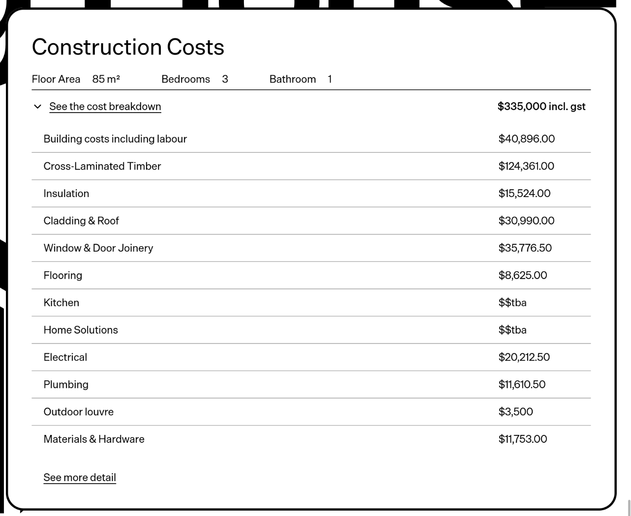 A screen shot of the cost breakdown. This is available as text after scrolling quite some way down the home page of https://livinghouse.nz/, or see link below 