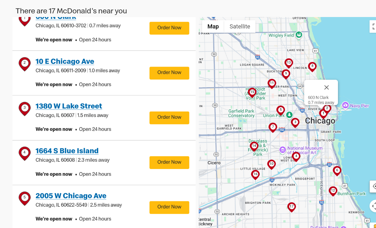 screen shot of mcdonalds restaurant search showing many 24 hour mcdonalds in chigago