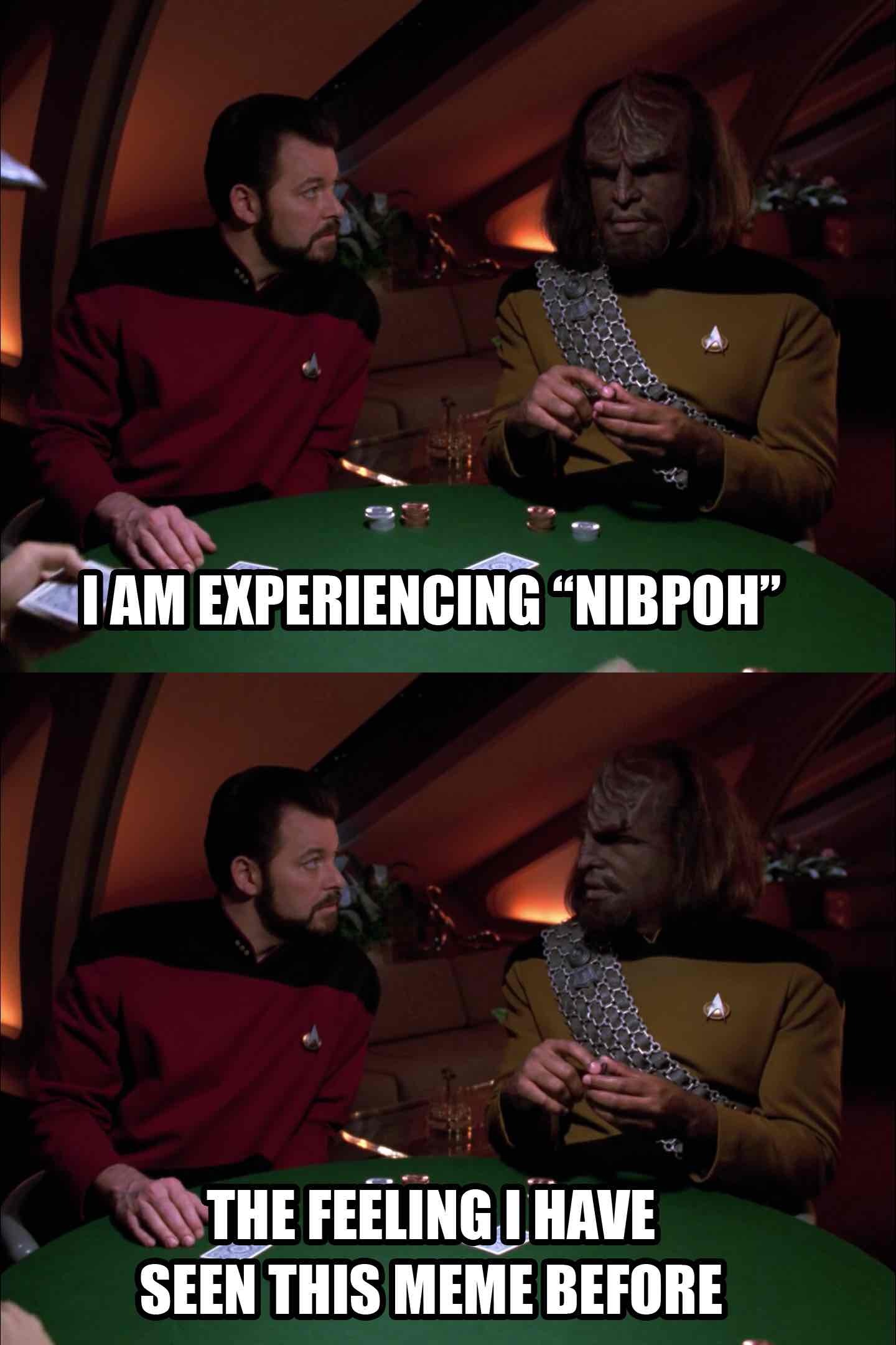 Worf from Star Trek TNG explaining that he's experiencing nib poh, the feeling that he's seen this meme before.