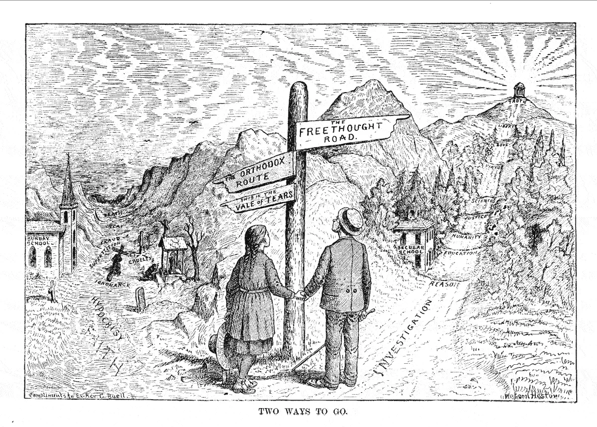 Watson Heston's Two Ways To Go from 1896 depicting a literal road representing the freethought road vs the orthodox route