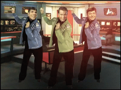 Kirk, Spock and McCoy dancing on the bridge of the USS Enterprise